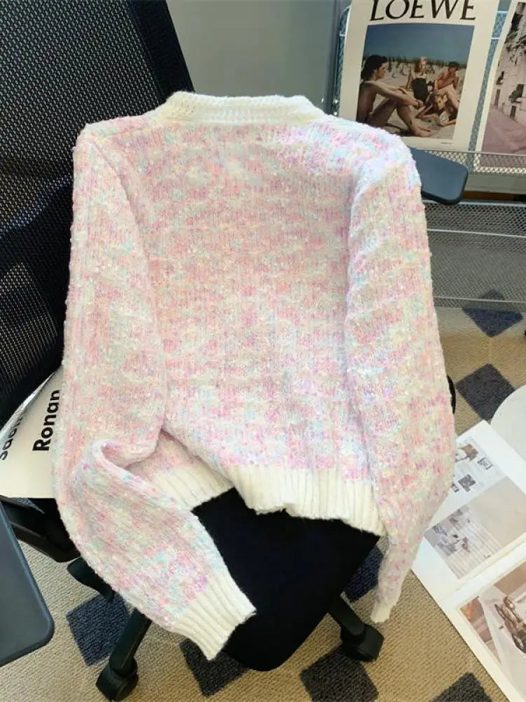 Autumn Winter Sweet Vintage Rainbow Knitted Cardigan Top French Fashion Women New Round Neck Single Breasted Long Sleeve Sweater