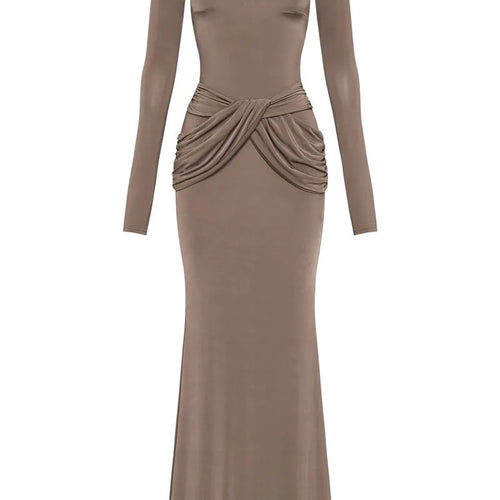 Load image into Gallery viewer, Diagonal Collar Long Sleeve Maxi Dress For Women Autumn Winter New Solid High Waist Ruched Bodycon Sexy Long Dress
