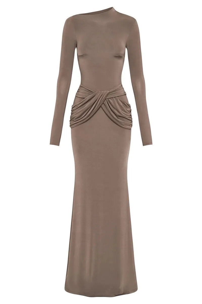 Diagonal Collar Long Sleeve Maxi Dress For Women Autumn Winter New Solid High Waist Ruched Bodycon Sexy Long Dress