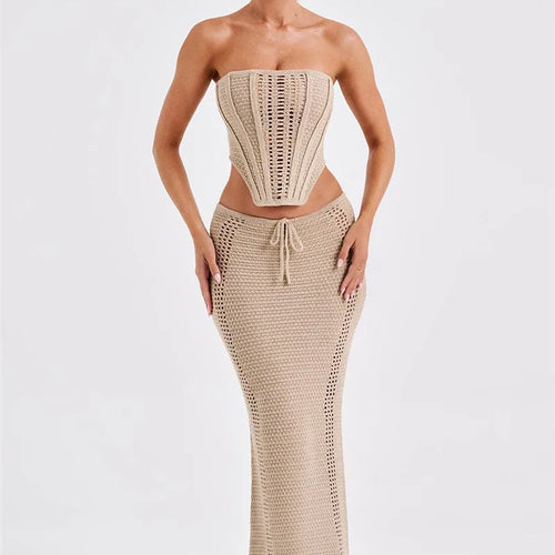 Load image into Gallery viewer, Elegant Knit Skirt Two Piece Sets Women Strapless Bandage Crop Tops And Maxi Skirt Femme Lace Up Sexy Ttwo Piece Sets

