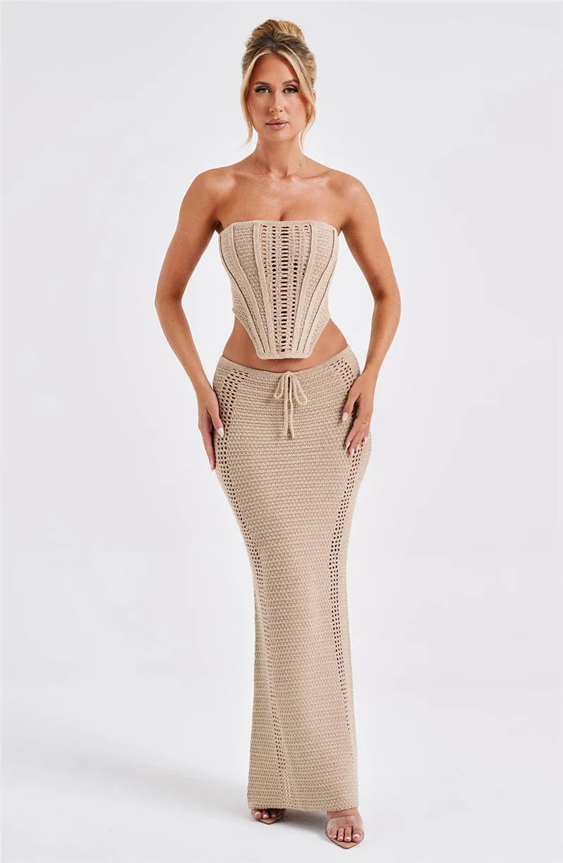 Elegant Knit Skirt Two Piece Sets Women Strapless Bandage Crop Tops And Maxi Skirt Femme Lace Up Sexy Ttwo Piece Sets