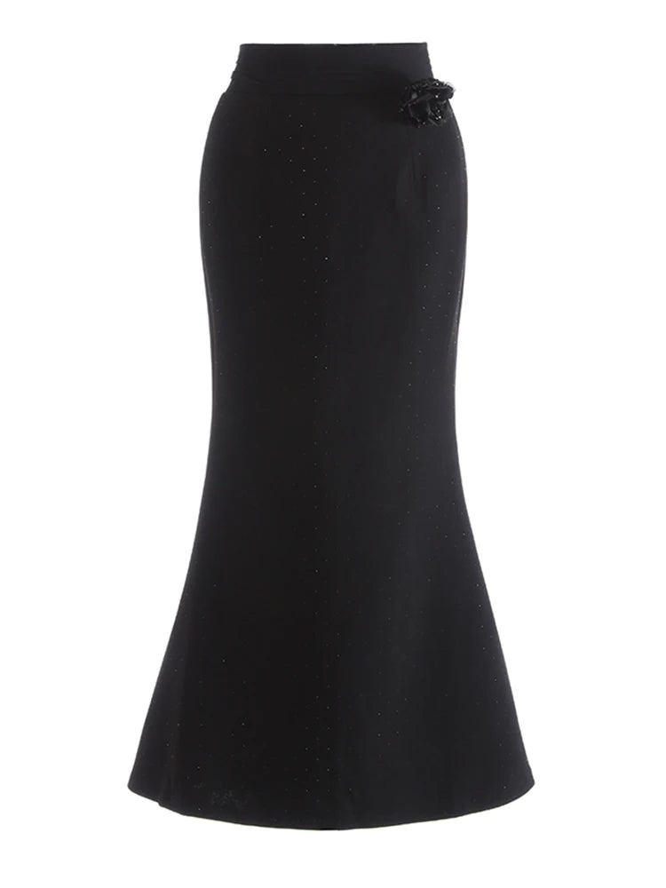 High Waist Black 3d Flower Rhinestones Elegant  Mermaid Half-body Skirt Women Fashion Tide New Spring Autumn 20251DJ1270