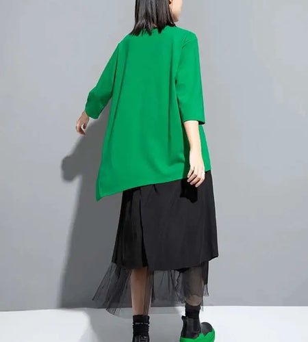 Women Green Irregular Hem Big Size Casual T-shirt New Round Neck Three-quarter Sleeve Fashion Spring Autumn 2025 1DH5949