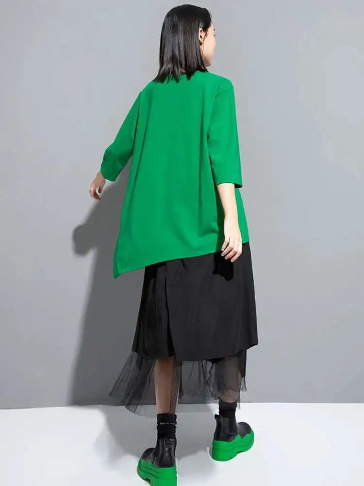 Women Green Irregular Hem Big Size Casual T-shirt New Round Neck Three-quarter Sleeve Fashion Spring Autumn 2025 1DH5949