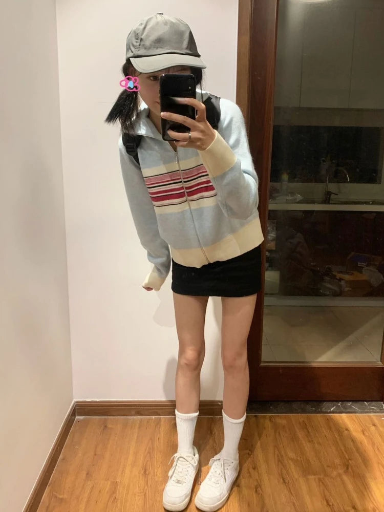 Vintage Ins Fashion Striped Cardigan Women Autumn Thin Casual Slim Knit Sweater Coat Y2k Aesthetic Grunge Kardigan Cute