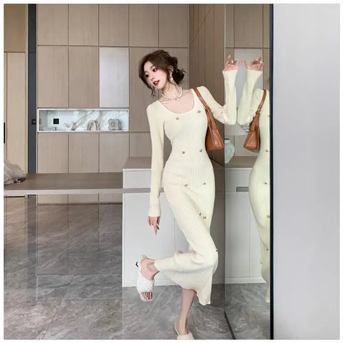 Load image into Gallery viewer, Autumn Winter French Fashion Long Sleeves Knitted Dresses Women's Elegant Square Neck Office Lady Wrap Hip Dress Simplicity Slim
