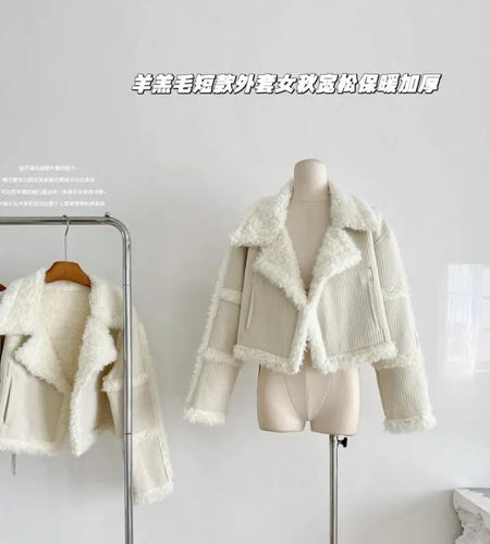 Korean Women Beige Spliced Lamb Wool Short Jacket Winter Elegant Long Sleeve Loose Lapel Warm Cardigan Coat New Lady Thick Trend
