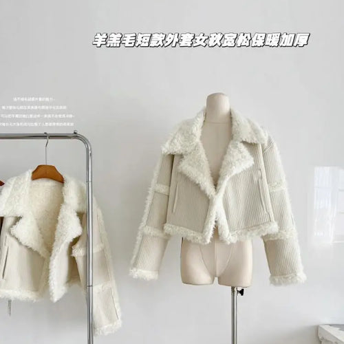 Load image into Gallery viewer, Korean Women Beige Spliced Lamb Wool Short Jacket Winter Elegant Long Sleeve Loose Lapel Warm Cardigan Coat New Lady Thick Trend
