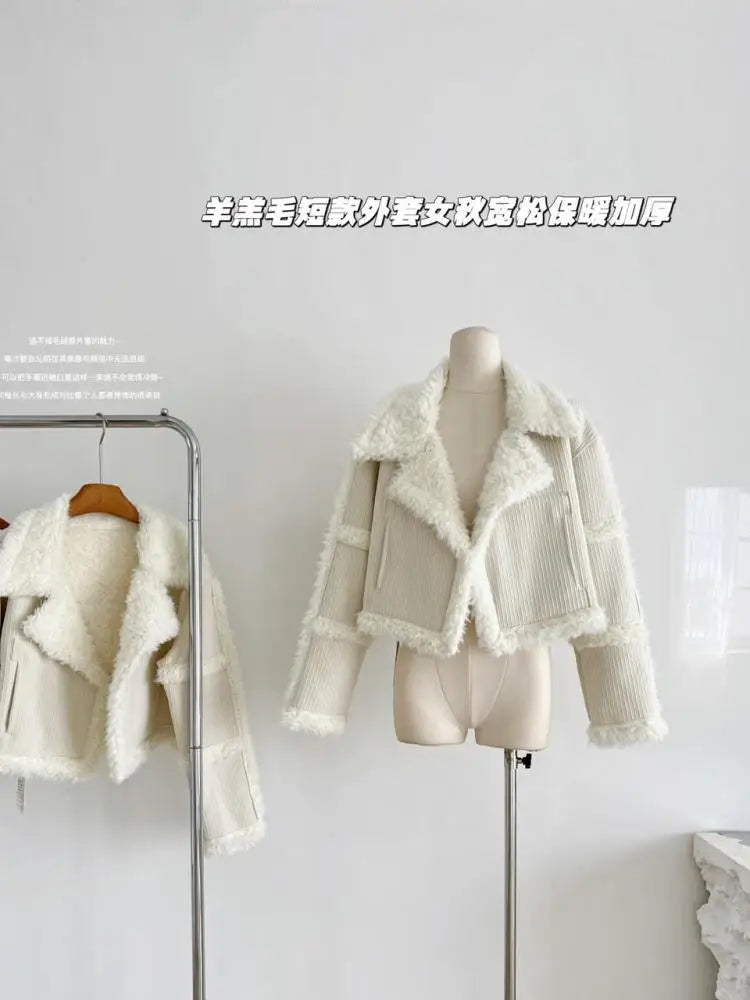Korean Women Beige Spliced Lamb Wool Short Jacket Winter Elegant Long Sleeve Loose Lapel Warm Cardigan Coat New Lady Thick Trend