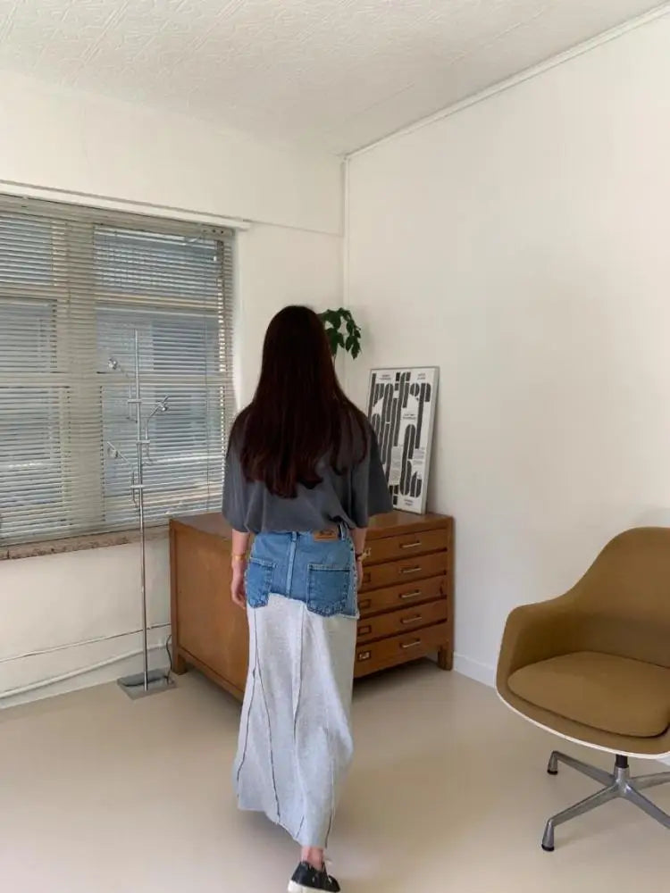 Spring Summer 2023 New Vintage Elegant High Waisted Long Denim Skirt Women Jeans Patchwork Cotton Wrap Buttocks Skirts Fashion