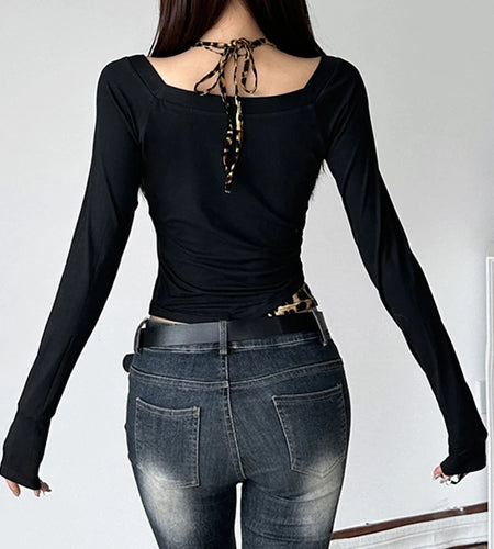 y2k Tops for Women Leopard Print Off Shoulder Long Sleeve Halter Neck T Shirts 2000s Aesthetic Clothing Streetwear