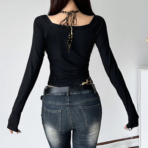 Load image into Gallery viewer, y2k Tops for Women Leopard Print Off Shoulder Long Sleeve Halter Neck T Shirts 2000s Aesthetic Clothing Streetwear
