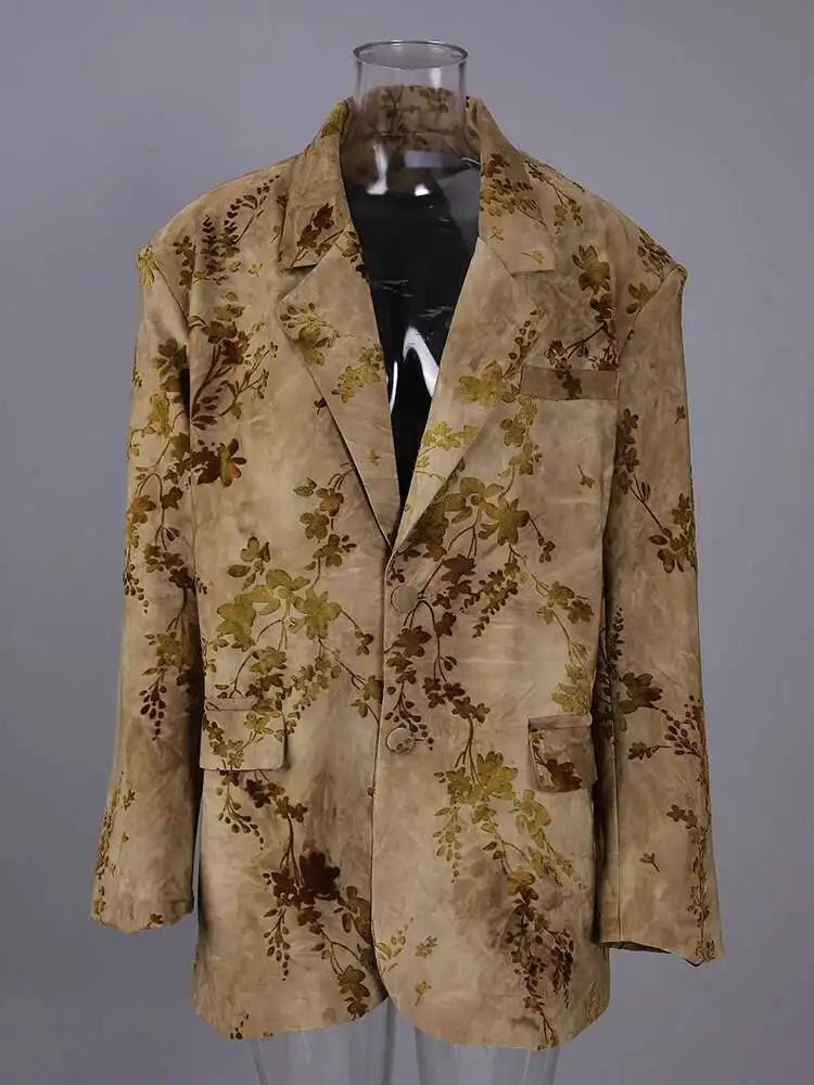 Women Yellow Jacquard Flower Vintage Big Size Blazer New Lapel Long Sleeve Jacket Fashion Tide Spring Autumn 2025 CPG2783