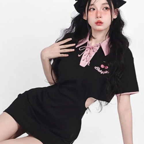 Load image into Gallery viewer, Y2k Letter Embroidery Bodycon Dress Women Hollow Out Bandgae Kawaii Black Short Sleeve Mini Dresses Korean Fashion
