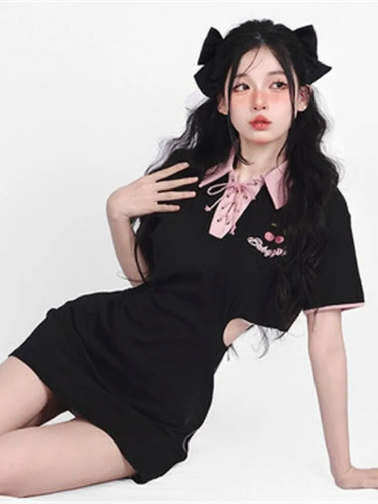 Y2k Letter Embroidery Bodycon Dress Women Hollow Out Bandgae Kawaii Black Short Sleeve Mini Dresses Korean Fashion