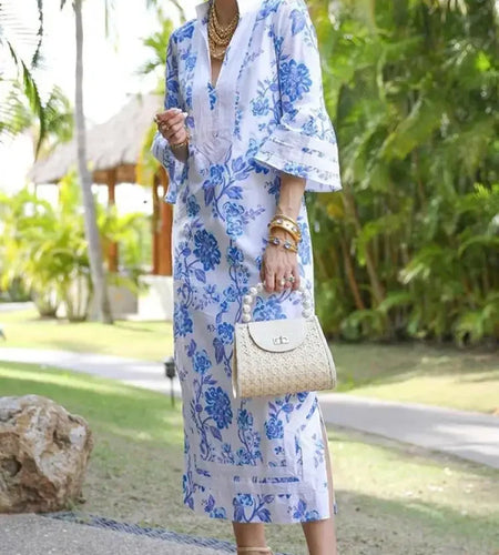 Summer Elegant Floral Printed Split-Side Evening Dresses Vintage Flared Sleeves Loose Deep V-Neck Dress For Women