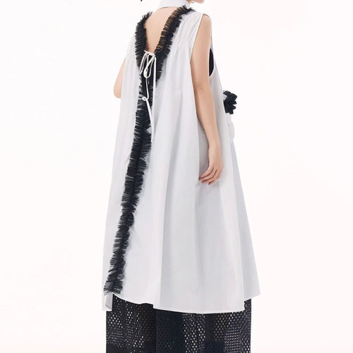 Load image into Gallery viewer, Women White Mesh Color-block Backless Big Size Shirt Dress New Lapel Sleeveless Fashion Tide Spring Summer 2025 1DH9518
