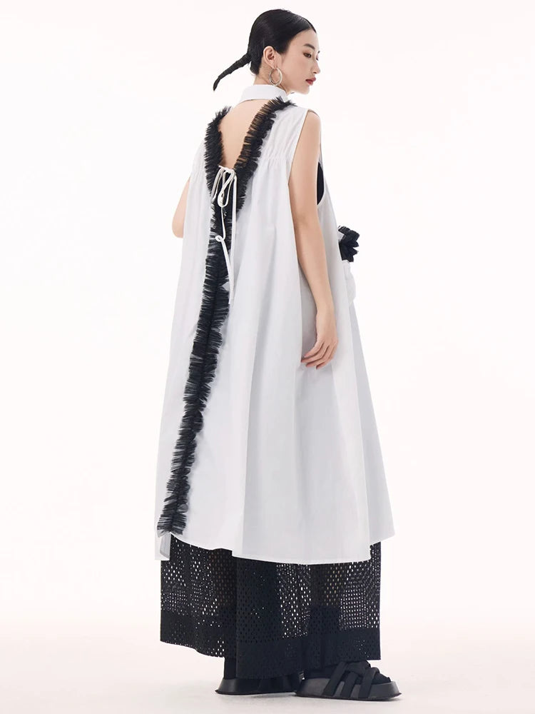 Women White Mesh Color-block Backless Big Size Shirt Dress New Lapel Sleeveless Fashion Tide Spring Summer 2025 1DH9518