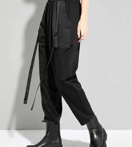 High Elastic Waist Black Pocket Split Long Harem Trousers New Loose Fit Pants Women Fashion Spring Autumn 2025 1DD5773