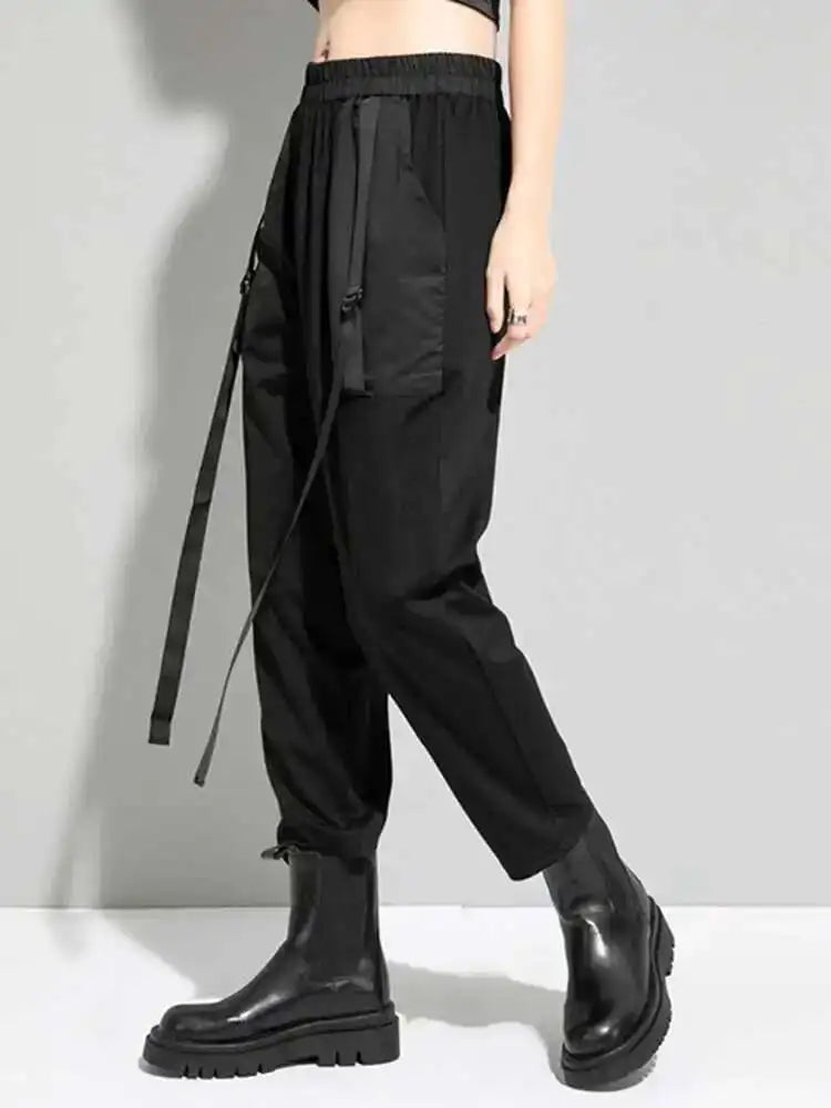 High Elastic Waist Black Pocket Split Long Harem Trousers New Loose Fit Pants Women Fashion Spring Autumn 2025 1DD5773
