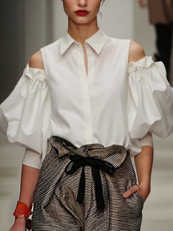 Fashion Women Tuxedo Blouse Shirts 2025 Summer Soild Color Cold Shoulder Office Party Leisure Black Tops for Women