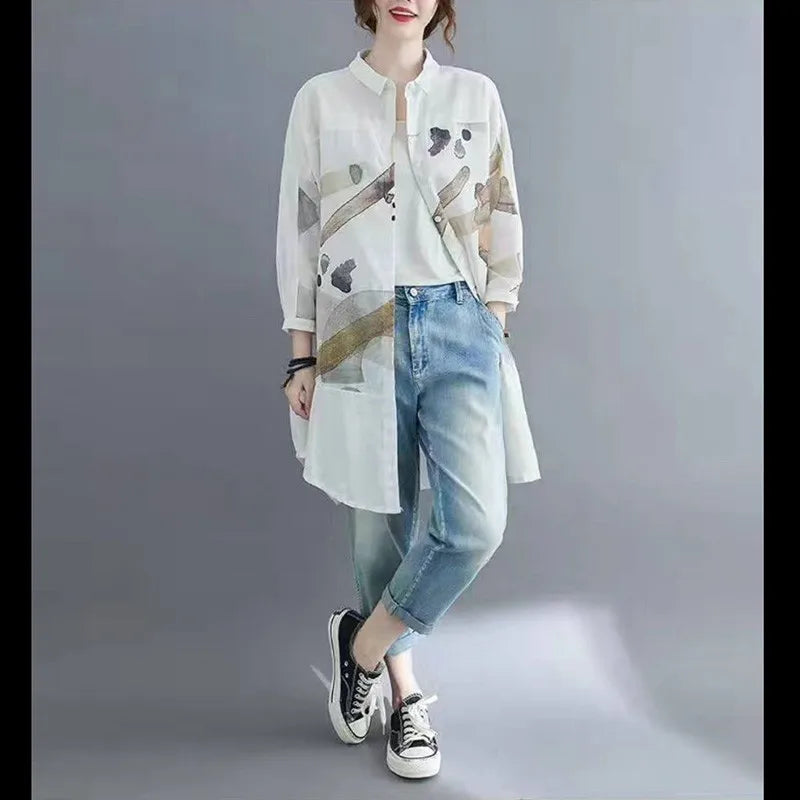 Summer Women Blouses Long Sleeve Top Print Casual Fashion Shirts Spring Clothes Female Loose Medium Long Uv Protective Blouse