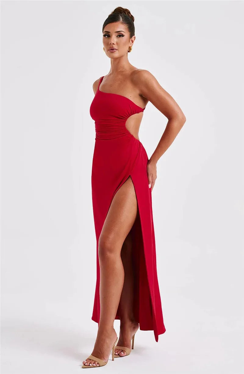 One Shoulder Diagonal Collar Backless Sexy Maxi Dress For Women Robe Fashion Off-shoulder Sleeveless High Split Dress