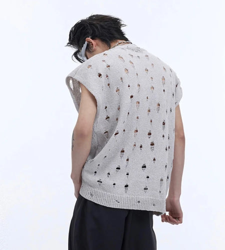 High Street Men's Vest Loose Worn-out Hollow Out Knitting Metal Design O-neck Sleeveless Male Tank Tops Trend 9C6752