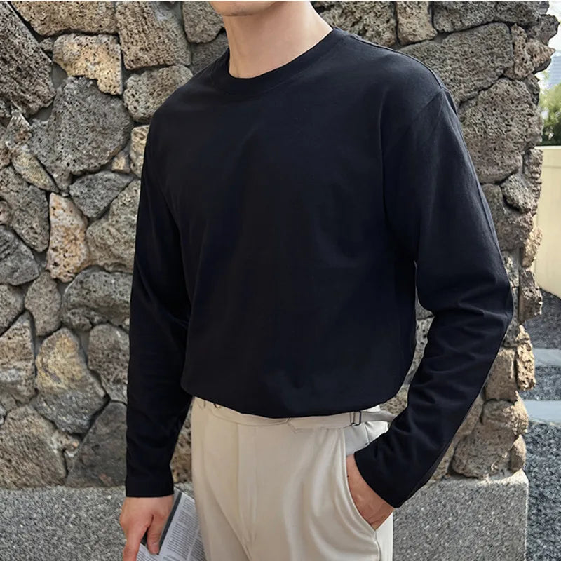 Men's Long Sleeve T-shirts Solid Color Design Korean Round Neck Fashion Loose Top Pullover Male Clothing Spring 9W1569