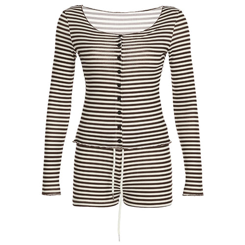 Load image into Gallery viewer, Casual Striped Women Two Pieces Set Long Sleeve Single Breasted T-shirt+Mini Short Homewear Suits Y2K Slim Tracksuits
