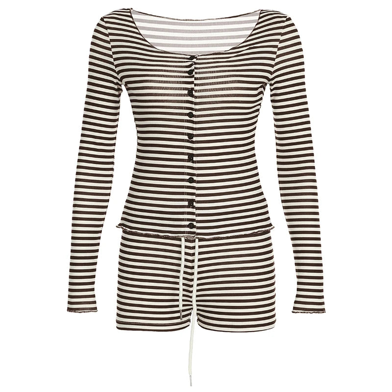 Casual Striped Women Two Pieces Set Long Sleeve Single Breasted T-shirt+Mini Short Homewear Suits Y2K Slim Tracksuits