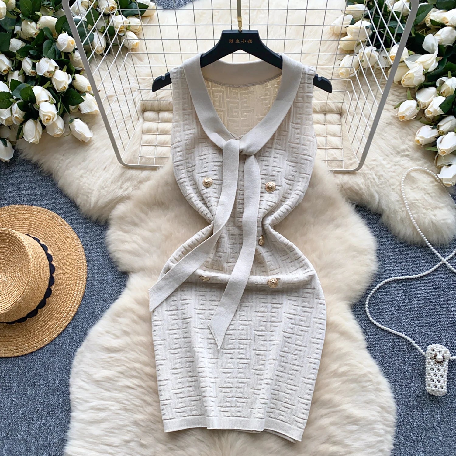 Summer Beige V-neck Sleeveless Slim Knitted Sexy Mini Dresses Women Korean Fashion Button Wrap Hip Short Dress Office 2024 New