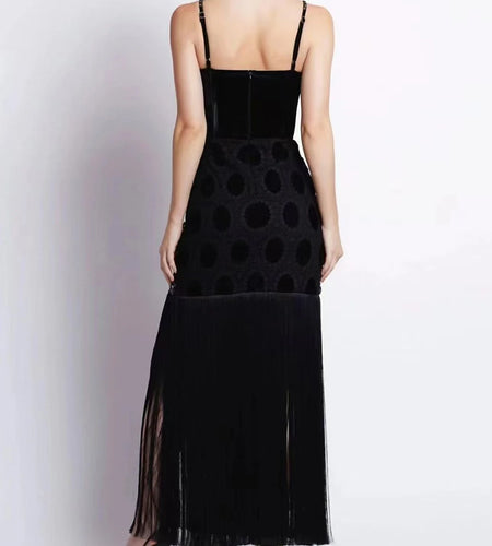 Solid Spliced Diamonds Slim Dresses For Women Square Neck Sleeveless High Waist Patchwork Tassel Dress Female New