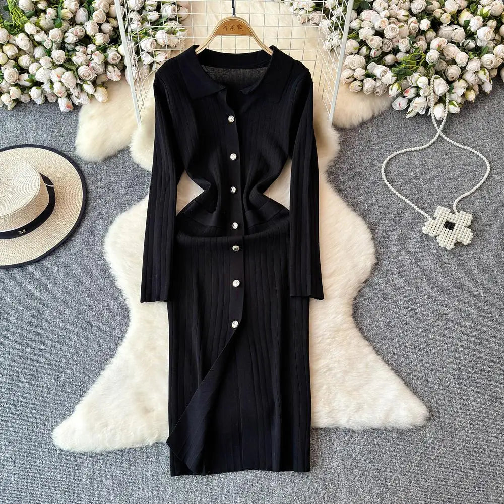 Autumn 2024 New Women's Solid Single Breasted Knitted Long Dress French Elegant Office Lady Long Sleeve Dress Simplicity Popular