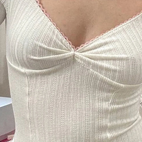 Load image into Gallery viewer, y2k Knitted Top Women Aesthetic Clothing Lace Trim V Neck Long Sleeve Cropped T Shirt 2000s Clothes Fashion Streetwear
