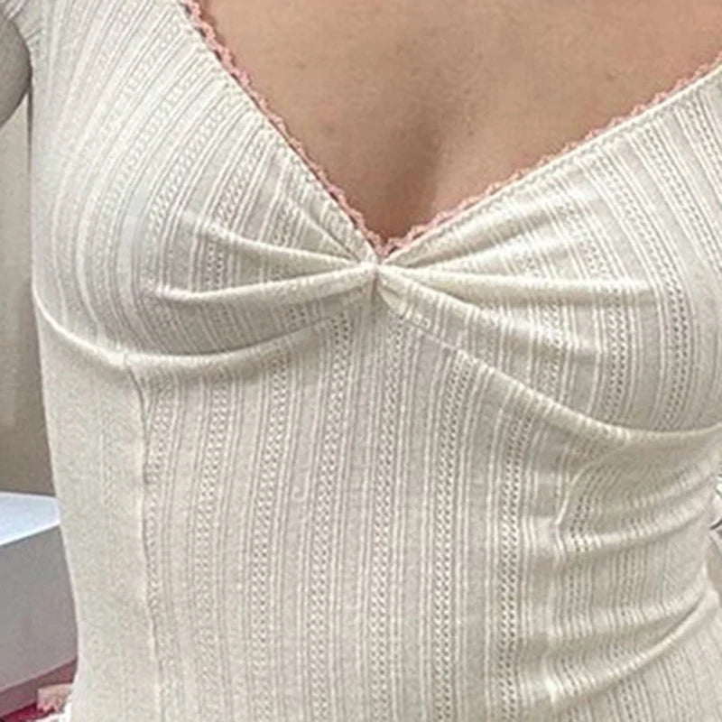 y2k Knitted Top Women Aesthetic Clothing Lace Trim V Neck Long Sleeve Cropped T Shirt 2000s Clothes Fashion Streetwear