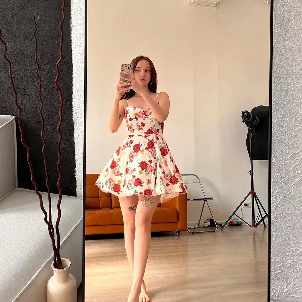 Summer Elegant A Line Dress Lovely Floral Print Tulle Skirt Dress Casual Holiday Party Dresses Women 2024 New Arrival