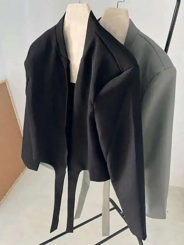 Women Gray Green Ribbon Short Big Size Blazer New Lapel Long Sleeve Loose Jacket Fashion Tide Spring Autumn 2025 1DF0385