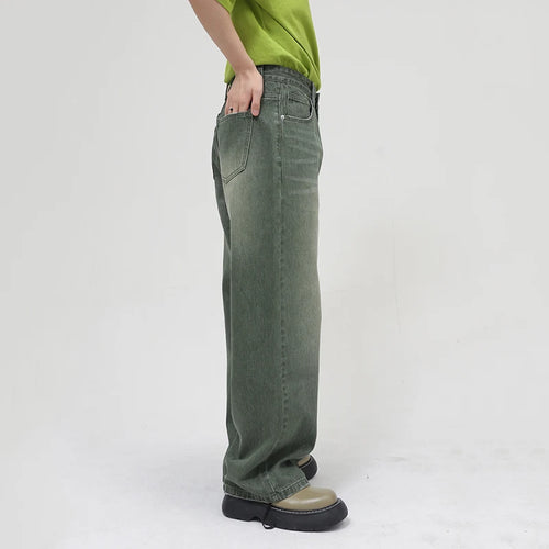 Load image into Gallery viewer, Men&#39;s Loose Straight Washed Green Frayed Jeans Autumn Wide Leg Denim Pants Korean Chic Trousers 9A1081
