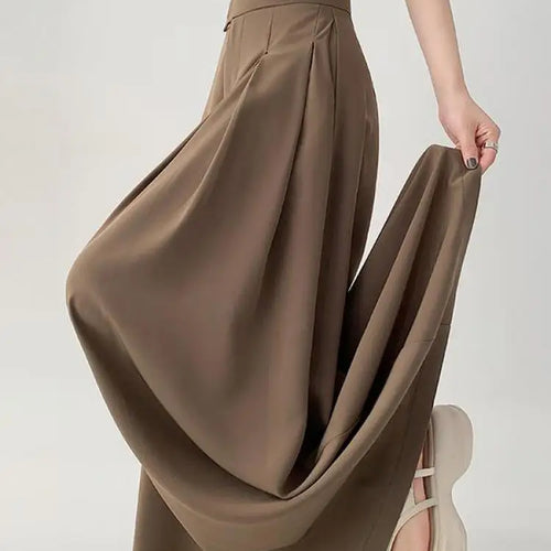 Load image into Gallery viewer, Women Black Elegant Wide Leg Long Pant Summer Brown High Waist Baggy Pleated Trousers Gray Pockets Fashion Simplicity Fashion
