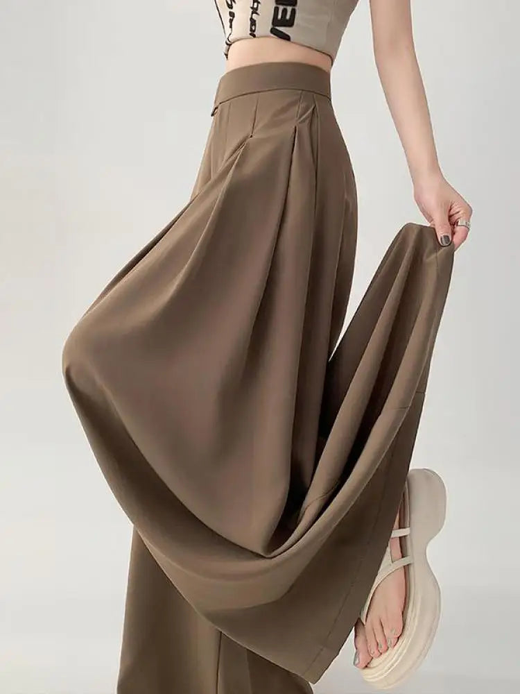 Women Black Elegant Wide Leg Long Pant Summer Brown High Waist Baggy Pleated Trousers Gray Pockets Fashion Simplicity Fashion