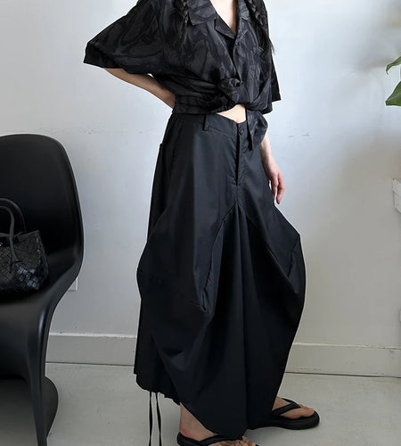 High Elastic Waist Black Irregular Bandage Shaped Wide Leg Pants New Trousers Women Fashion Spring Autumn 2025 1DJ1234