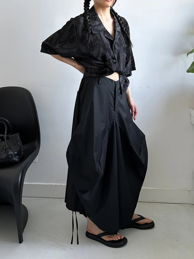 High Elastic Waist Black Irregular Bandage Shaped Wide Leg Pants New Trousers Women Fashion Spring Autumn 2025 1DJ1234