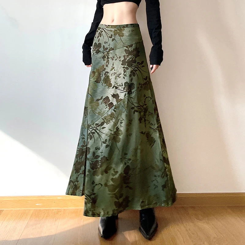 Grunge Fairycore Y2K Vintage Long Skirt Women Aesthetic Flowers Printing Chic Autumn Dress 2000a Clothing Low Waisted