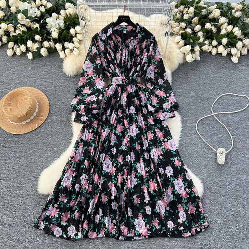Load image into Gallery viewer, French Retro Romantic Women's Flower Lantern Long Sleeved Pleated Shirt Dress Autumn Print Birthday Party Evening Dress Bohemian

