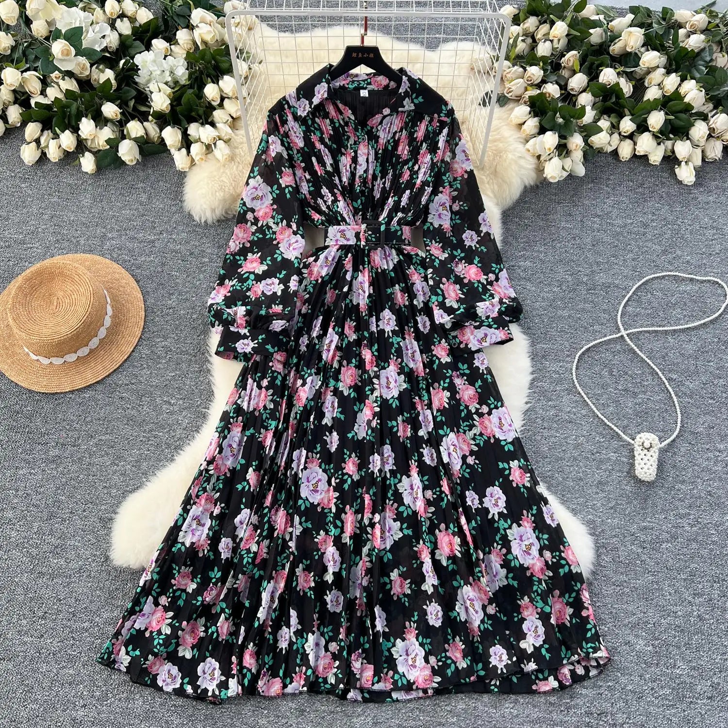 French Retro Romantic Women's Flower Lantern Long Sleeved Pleated Shirt Dress Autumn Print Birthday Party Evening Dress Bohemian