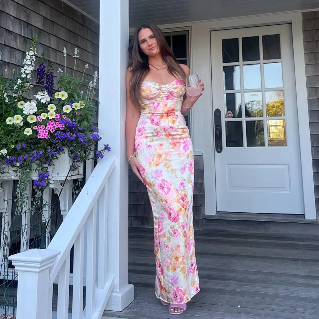 Fashion Summer Long Party Dresses 2024 Pink Peony Print Maxi Dress Elegant Spaghetti Strap Wedding Guest Dress Women'