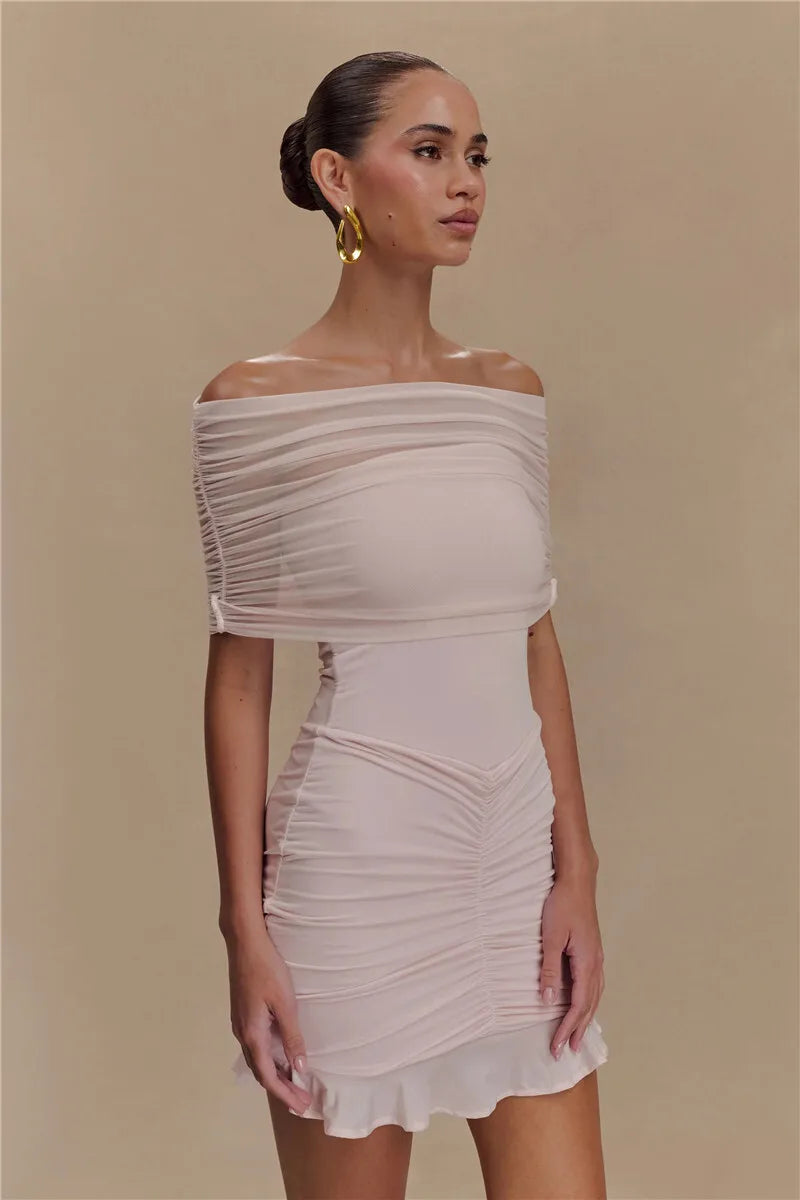 Mesh Strapless Off-shoulder Sexy Ruffled Mini Dress For Women Fashion Backless High Waist Female Ruched Party Dress