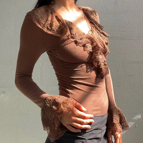 Load image into Gallery viewer, y2k Fairy Grunge Top Women Sexy Solid Color Lace Trim V Neck Long Sleeve T Shirt 2000s Aesthetic Clothing Streetwear
