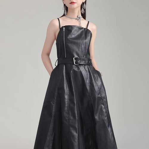 Load image into Gallery viewer, Women Black Pu Leather Belted Long A-line Dress New V-Neck Sleeveless Loose Fit Fashion Tide Spring Autumn 2025 1DH2000
